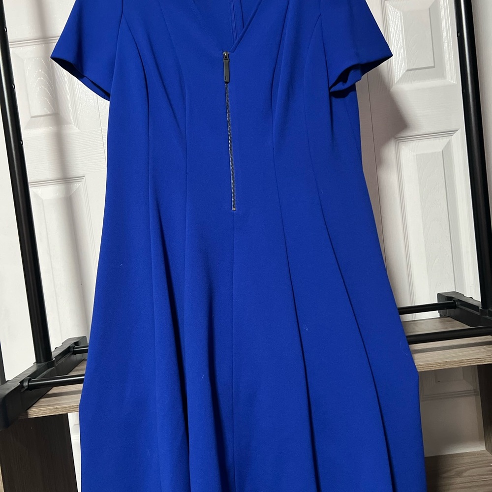 DKNY Blue Pleated Midi Dress V-Neck Short Sleeve